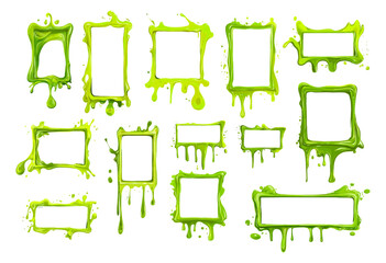 Acid green melting frames cartoon vector set. Molting blobs smudges splashes fusing dripping empty borders leaking sour squares, isolated illustrations on white backdrop