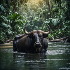 Naklejka premium Wild Water Buffalo Crossing a River. Water buffalo in the river. 