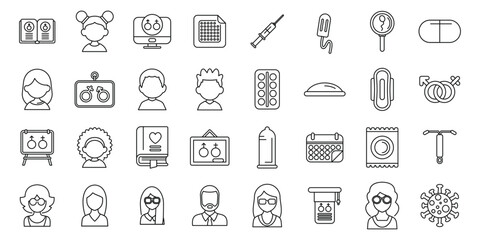 Sexual education icons set. Sexual education learning resources represented with various line icons depicting contraceptives, family planning, healthcare, and gender studies