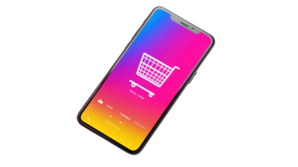 Smartphone showing shopping cart icon on vibrant gradient screen with transparent background