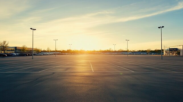 Empty car dealership lot at sunset, showcasing a serene and quiet atmosphere with no vehicles or customers, reflecting the end of a business day and the transition to evening calm.