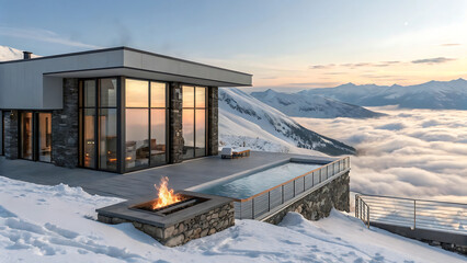 Hyper-Modern Luxury Cabin on Snowy Mountain with Floating Firepit and Infinity Pool