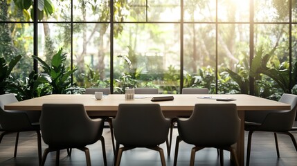 Fototapeta premium Negotiation room with empty chairs, symbolizing anticipation, strategic planning, and the potential for future agreements in a professional setting.