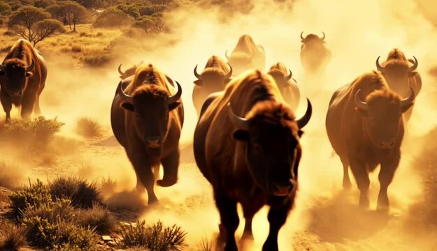 a group of bisons running on the dusty ground