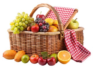 Picnic basket full of fruit isolated on Transparent Background.