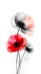 Black and red flowers on white background. Greeting card design. Minimalistic floral botanical illustration. Vertical poster with poppy flowers. Interior decor.