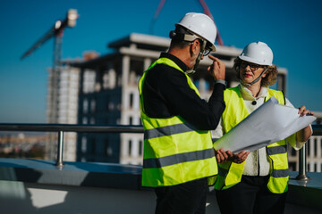 Two architects wearing safety gear review blueprints on a construction site. They are engaged in...