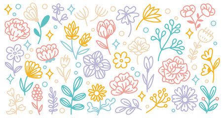 Hand Drawn Floral Doodle Pattern – Cute Pastel Line Art Flowers and Botanical Elements Background for Digital Design, Scrapbooking, and Decorative Prints