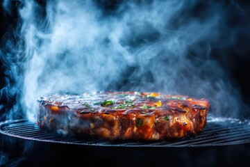 Large piece of grilled meat emitting a cloud of smoke while cooking on barbecue grill