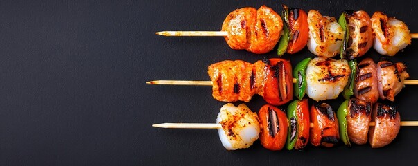 Grill seafood skewer concept. Abstract arrangement of seafood skewers in vivid colors, black background, grilled seafood skewer, modern graphic aesthetic