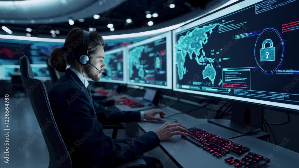 Fototapete Team collaborates in a high-tech operations center monitoring global data and cybersecurity threats