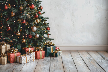 Christmas tree adorned with colorful ornaments and wrapped presents underneath for holiday celebrations and festive gatherings