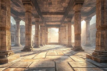 Ancient temple hall sunrise, stone columns, background ruins, game design