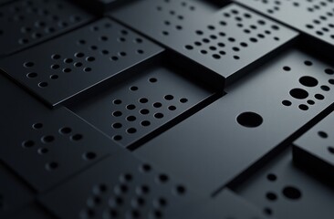 Abstract dark gray perforated metal plates background.