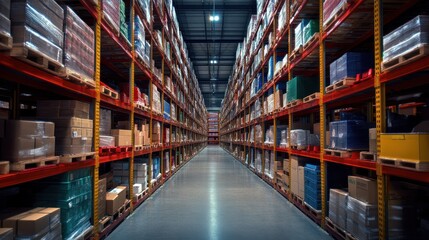 Fototapeta premium Extensive Warehouse Rows Filled With Packed Goods