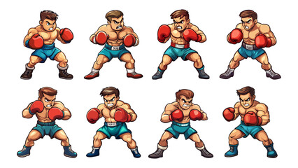 Boxers cartoon vector set. Martial art red gloves man ready to fight sport character, brawlers puncher ring competition angry pugilist fighter, isolated illustrations on white background