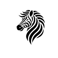 Striped Zebra Head: Elegant Vector Portrait of an African Equine. Black and white graphic design, perfect for logo or print.