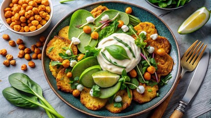 Savory Chickpea Fritter Salad with Creamy Dressing and Fresh Greens