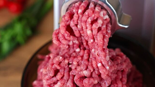A close-up view from above of a metal meat grinder, from which minced meat of red pork and beef comes out against the background of wood and vegetables. The concept of cooking, healthy food, dietary