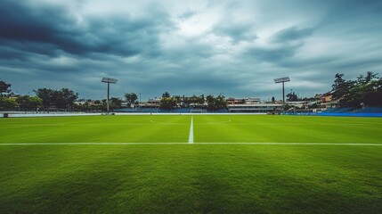 Empty football stadium under dramatic sky, showcasing solitude and anticipation in sports, symbolizing moments of pause before the roar of the crowd returns.
