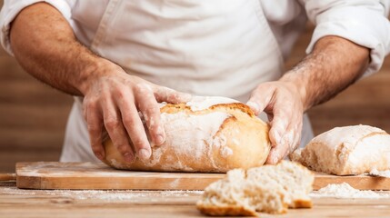 Baker kneading fresh dough. Represents artisanal baking, bread making, and culinary craftsmanship.