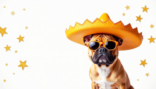 Funny French bulldog wearing sombrero hat with sunglasses on white background with starburst bokeh. 