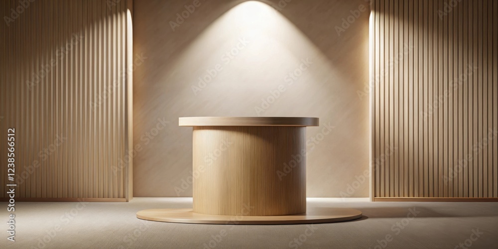 Poster minimalist wooden display stand with subtle lighting and slatted walls