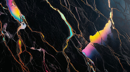 Black marble texture with rainbow glowing colorful veins in the stone. Backdrop natural material pattern