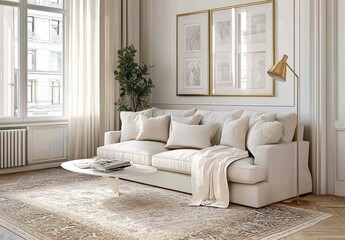 Bright living room interior with a large off white linen sofa, cream colored pillows and throw, a patterned rug, and gold accents. Natural light