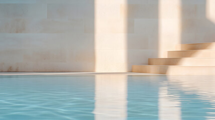 Tranquil minimalist scene featuring soft reflections in clear water beside stone stairs under natural light. Ideal for spa advertisements, wellness campaigns, luxury travel brochures. Selective focus