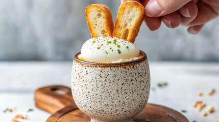 Egg lover, A close-up image of a hand dipping toast soldiers into a dish, showcasing high fidelity details.