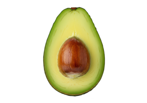 Halved avocado with pit, isolated on white background, front view, no depth of field, sharp.