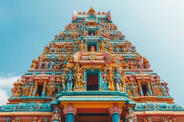 Colorful South Indian temple, vibrant carvings, clear sky, travel