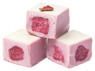 Three pink white chocolate fudge cubes stacked dessert cream creme.