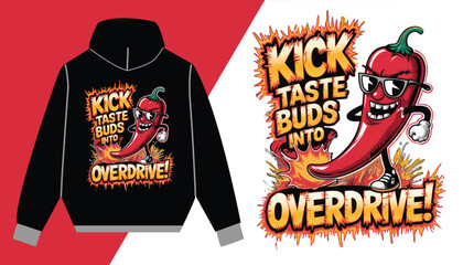 Spicy Chili Pepper T-Shirt – Cool Fiery Cartoon Design, Hot Sauce Lover Hoodie, Bold Streetwear Fashion, Fun Foodie Apparel, Unique Graphic Tee with Flames and Energy