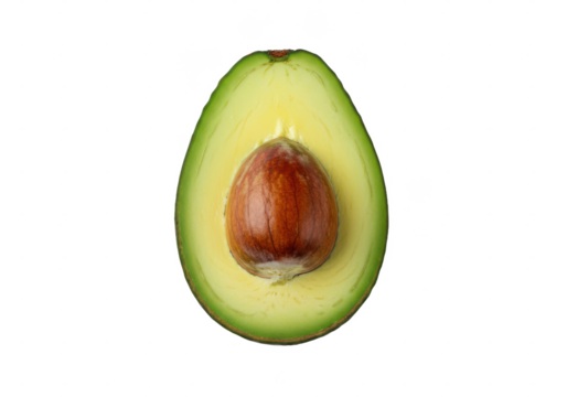 Halved avocado with pit, isolated on white background, front view, no depth of field, sharp.