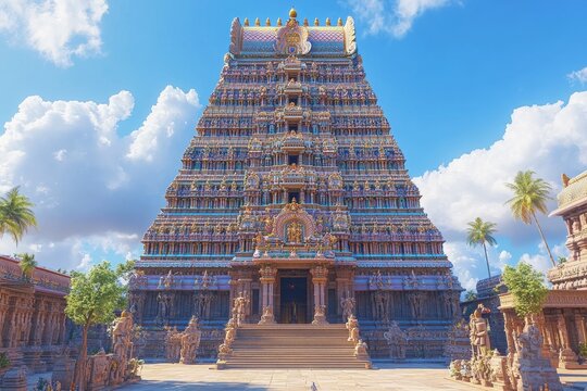 Majestic South Indian temple under sunny sky