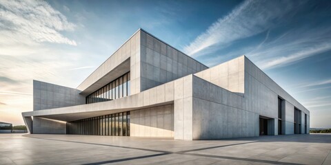 Naklejka premium Modern building with geometric concrete shapes and clean lines against a bright neutral background, conveying a sense of contemporary architecture and structure , geometric shapes, concrete