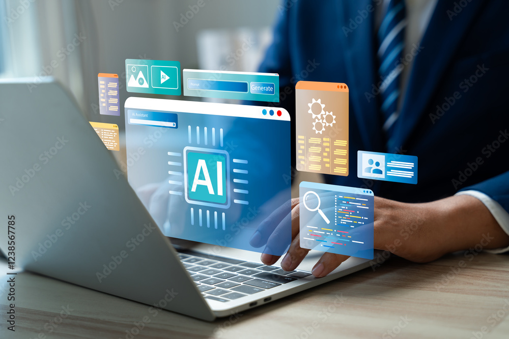 Fototapete Businessman use artificial intelligence AI technology for enhanced work efficiency data analysis and efficient tools, Unlocking work potential with AI solutions chatbot help solve work problems.