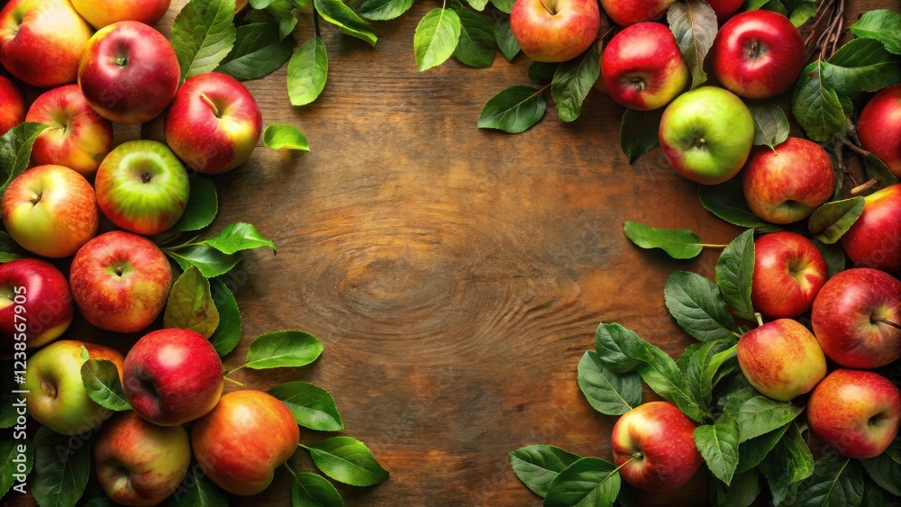 Aufkleber a bountiful harvest of red and green apples arranged on rustic wood with lush green leaves creating 