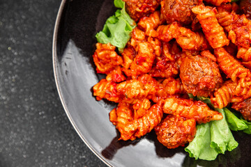 Pasta meatballs tomato sauce fresh tasty food dish delicious gourmet food background on the table rustic food top view copy space