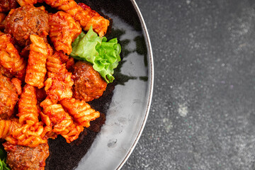 Pasta meatballs tomato sauce fresh tasty food dish delicious gourmet food background on the table rustic food top view copy space