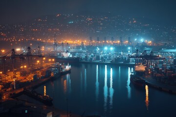 Fototapeta premium Nighttime View of a Bustling Industrial Port with Illuminated Cranes and Shipping Containers Reflecting on Calm Water
