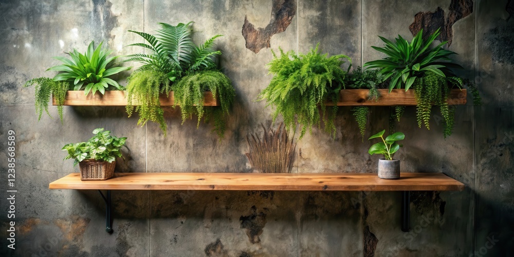 Aufkleber lush greenery in wooden planters on a rustic shelf against a textured wall