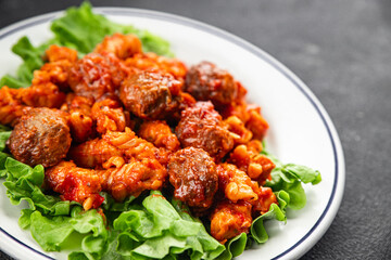 Pasta meatballs tomato sauce fresh tasty food dish delicious gourmet food background on the table rustic food top view copy space