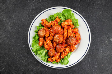 Pasta meatballs tomato sauce fresh tasty food dish delicious gourmet food background on the table rustic food top view copy space