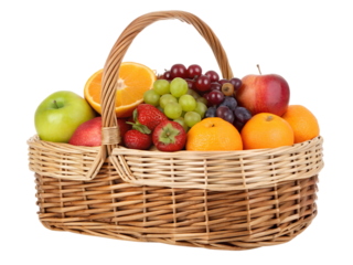 Picnic basket full of fruit isolated on Transparent Background.