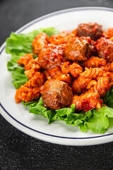 Pasta meatballs tomato sauce fresh tasty food dish delicious gourmet food background on the table rustic food top view copy space