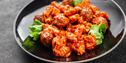 Pasta meatballs tomato sauce fresh tasty food dish delicious gourmet food background on the table rustic food top view copy space