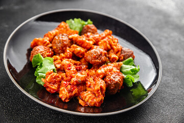 Pasta meatballs tomato sauce fresh tasty food dish delicious gourmet food background on the table rustic food top view copy space